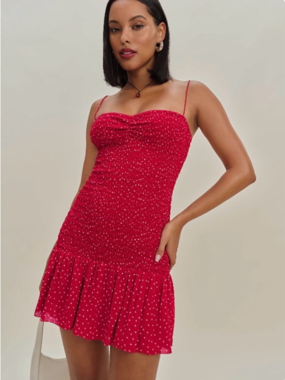 NWT Reformation Janessa Ditty Red Polka Dot Smocked Dress Size 2